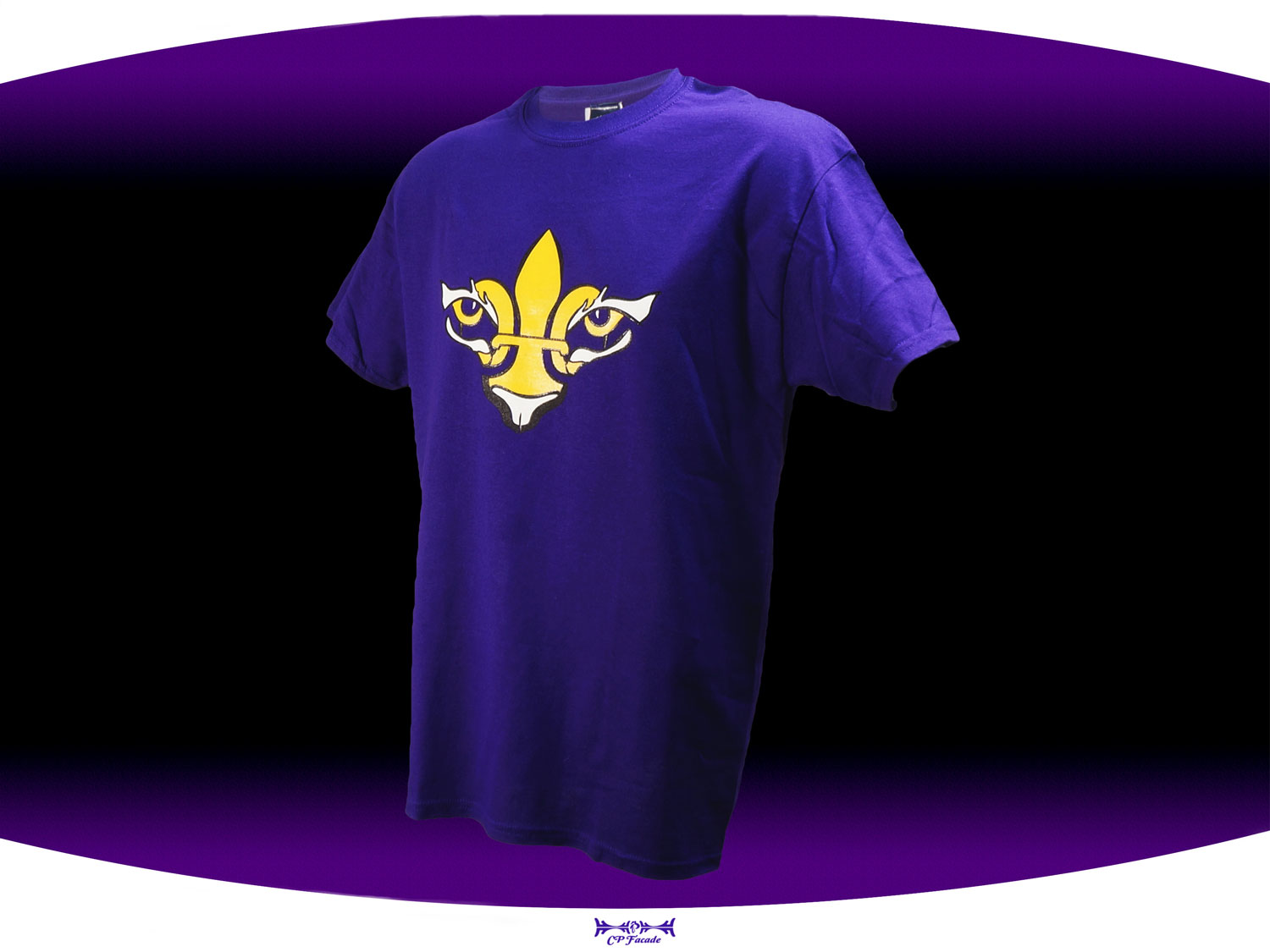 Purple screenprinted LSU t-shirt with a gold and white fleur de lis with tiger eyes on the chest